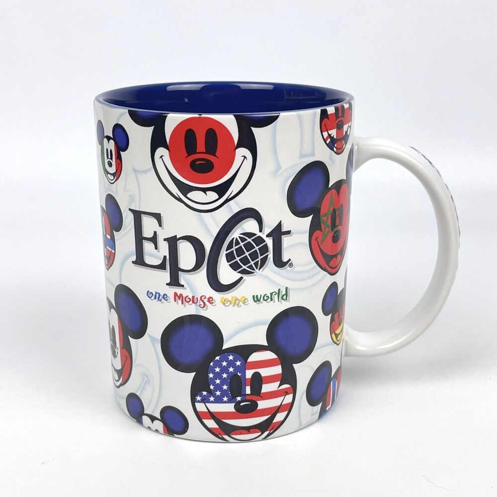 Disney Epcot One Mouse One World Ceramic Coffee Mug Cup 20 oz Mickey Face Flags
